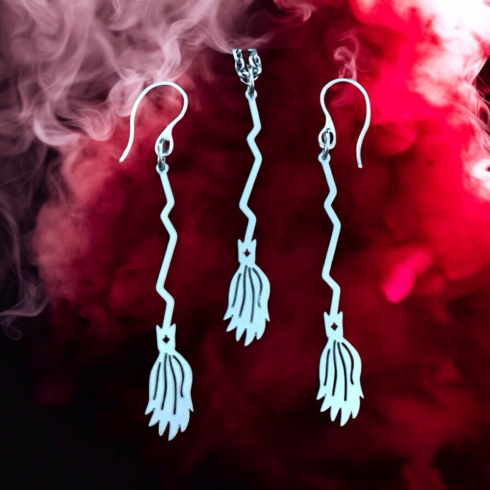 🆕 Witch Broom Laser Etched Necklace and Earrings Set Stainless Steel